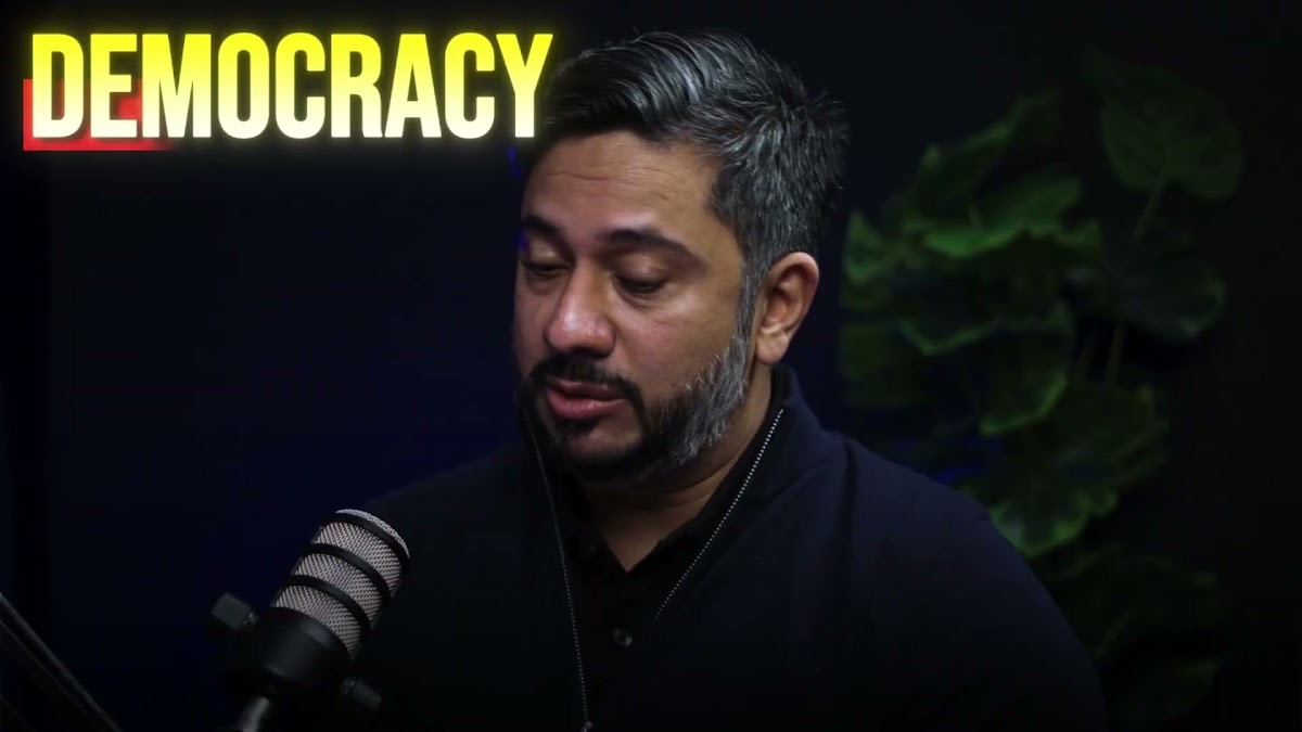 Current affairs podcast frame with a Democracy title graphic